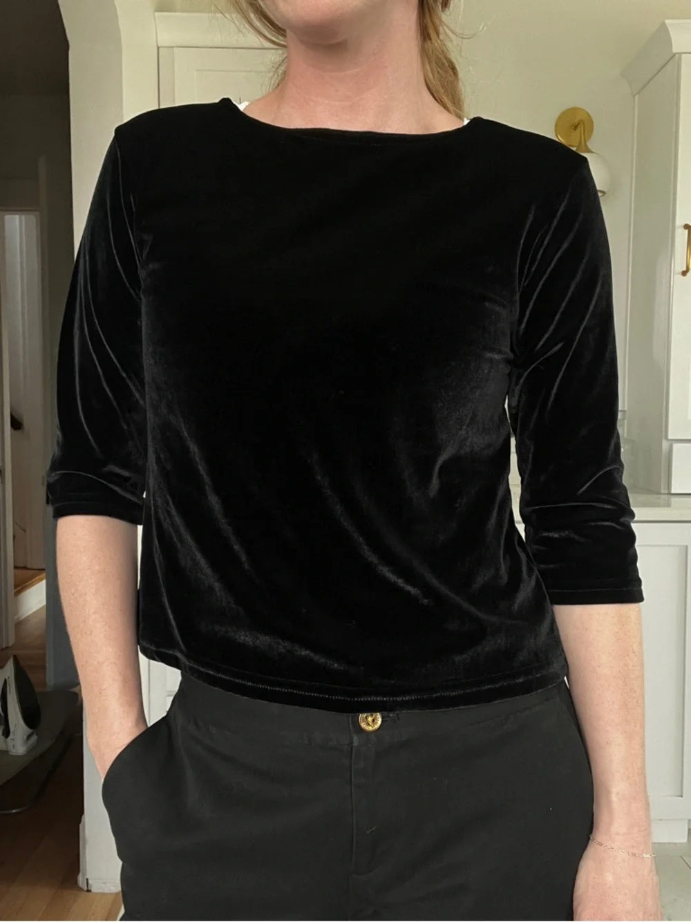 Vintage Y2K Black Velvet 3/4 Sleeve Women's Top - Picture 5 of 5